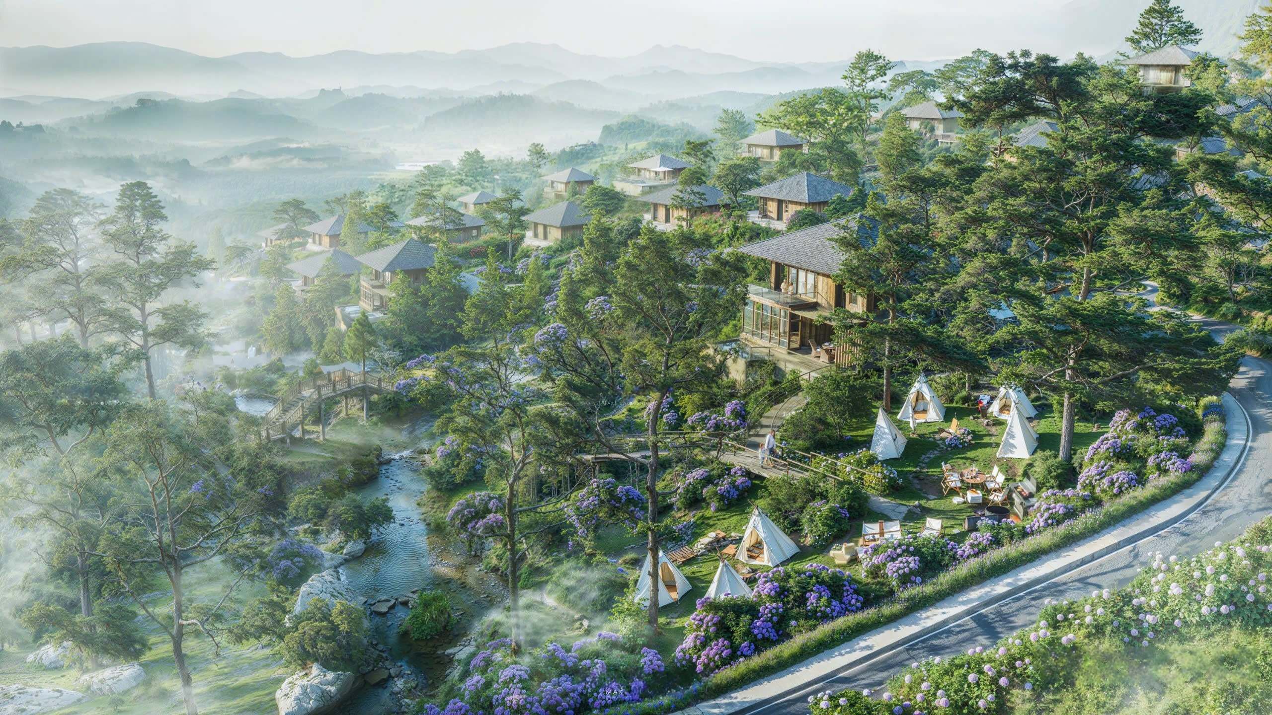 Aman Blao - Retreat Giữa Cộng Đồng Tử Tế Sương mù trắng nhẹ nhàng ôm lấy núi rừng tại Aman Blao, tạo nên một bức tranh mờ ảo mỗi sáng sớm.